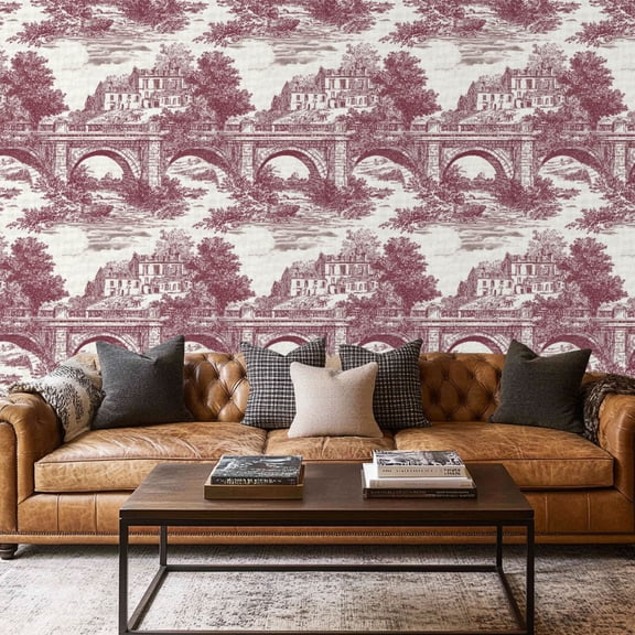 Peel and Stick Wallpaper Contact Paper French Country Toile De Jouy Vintage Rustic Silk Panoramic Red Self Adhesive and Removable 17.7in x 118in