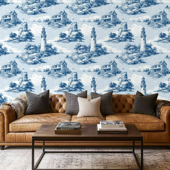 Peel and Stick Wallpaper Contact Paper French Country Toile Vintage Blue White Nautical Sailing Ship Self Adhesive and Removable 17.7in x 118in