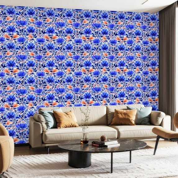 Peel and Stick Wallpaper Contact Paper Geometric Floral Damask Blue White Red Modern Blue Flowers Orange Self Adhesive and Removable 23.6in x 118in