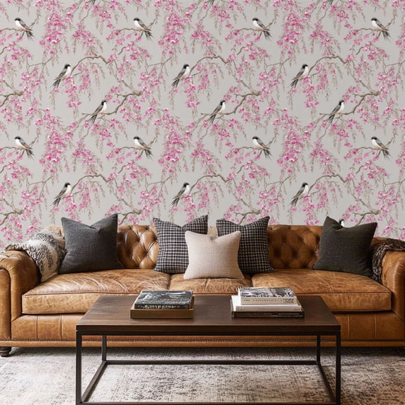 Peel and Stick Wallpaper Contact Paper Japanese Garden Grey Swallows Weeping Willows Cherry Blossoms Fine Self Adhesive and Removable 17.7in x 118in
