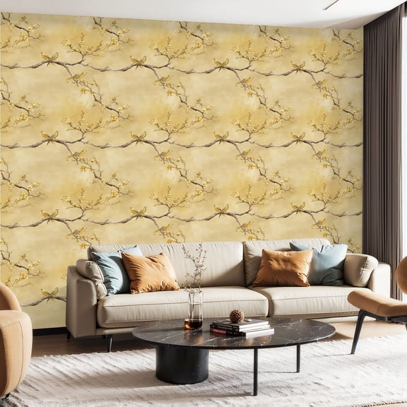 Peel and Stick Wallpaper Contact Paper Japanese Garden Ochre Birds Trees Flowers Yellow Delicate Branches Self Adhesive and Removable 24in x 118in
