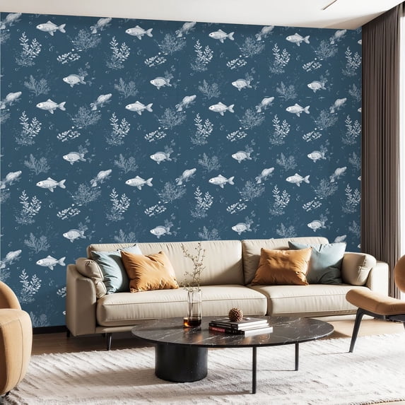 Peel and Stick Wallpaper Contact Paper Light Blue Coastal Blue Under Sea Fish Coral Seaweed Marine life Self Adhesive and Removable 24in x 118in
