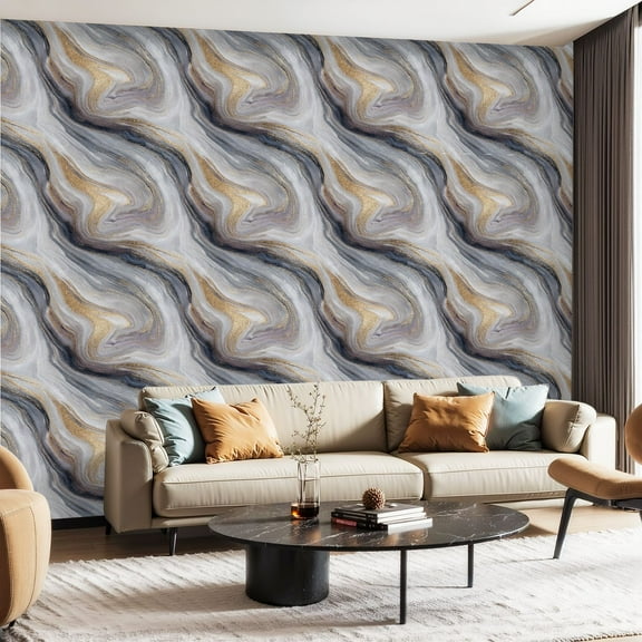 Peel and Stick Wallpaper Contact Paper Marble Navy Soft Gray Gold Accents Swirling Patterns Blurred Lines Self Adhesive and Removable 24in x 118in