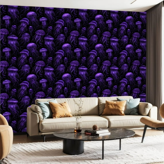 Peel and Stick Wallpaper Contact Paper Modern Black Purple Jellyfish Ocean Vintage Glow Jellyfish Self Adhesive and Removable 23.6in x 118in