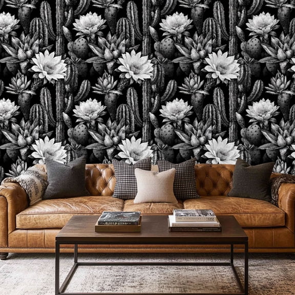 Peel and Stick Wallpaper Contact Paper Modern Western Black White Cactus Floral Desert Southwest Cacti Self Adhesive and Removable 17.7in x 118in