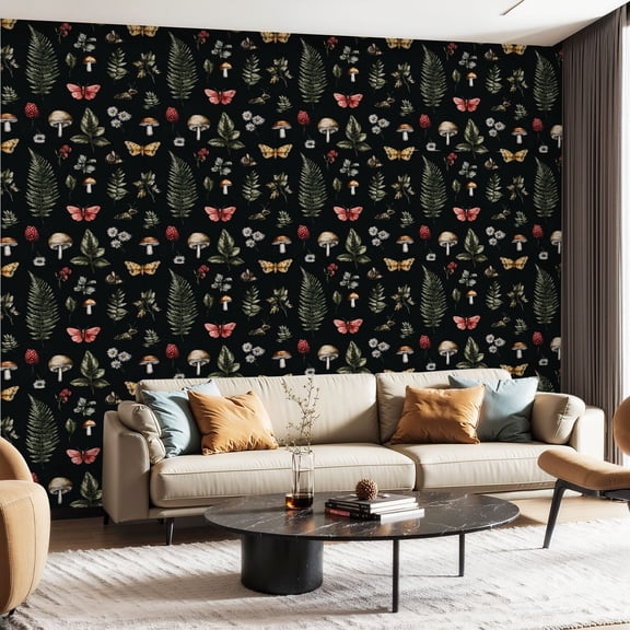 Peel and Stick Wallpaper Contact Paper Mushrooms Black Vintage Woodland Fern Moth Mushroom Fern Leaf Self Adhesive and Removable 24in x 118in