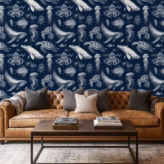 Peel and Stick Wallpaper Contact Paper Navy Coastal Blue Modern Vintage Dark Nautical Beachy Ocean Fish Self Adhesive and Removable 17.7in x 118in