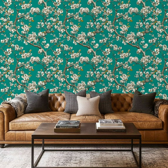 Peel and Stick Wallpaper Contact Paper Oriental Trail Teal Branches Cherry Blossoms Flowers Leaves Natural Self Adhesive and Removable 17.7in x 118in