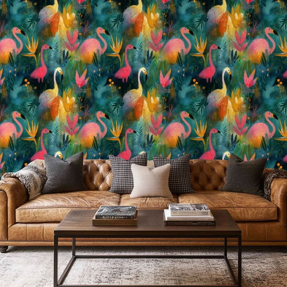Peel and Stick Wallpaper Contact Paper Pink Tropical Green Orange Flamingos Bird Paradise Tropical Leaves Self Adhesive and Removable 17.7in x 118in