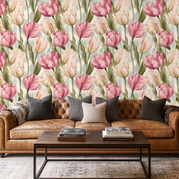 Peel and Stick Wallpaper Contact Paper Pink tulip watercolor flower floral summer Self Adhesive and Removable 17.7in x 118in