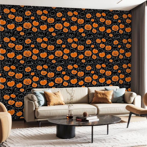 Peel and Stick Wallpaper Contact Paper Repeatable Scary Smiling Halloween pumpkins o Black Self Adhesive and Removable 24in x 118in