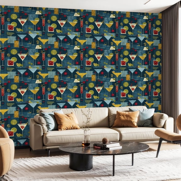 Peel and Stick Wallpaper Contact Paper Retro 1950S Mid Century Atomic Cocktail Martini Cocktail Glasses Self Adhesive and Removable 24in x 118in