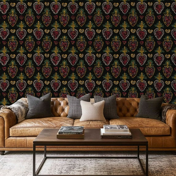 Peel and Stick Wallpaper Contact Paper Sacred hearts snakes inside seamless Dark boho Mexican saint Self Adhesive and Removable 17.7in x 118in