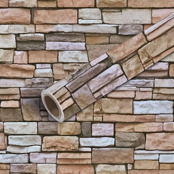 Peel and Stick Wallpaper Contact Paper Stacked Stone Wall Texture Neutral Beige Brown Tones Self Adhesive and Removable 24in x 118in