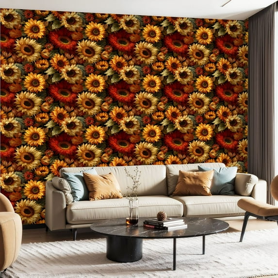 Peel and Stick Wallpaper Contact Paper Sunflower Flowers Matte Sunflowers Leaves Petals Dark Symmetry Oil Self Adhesive and Removable 23.6in x 118in