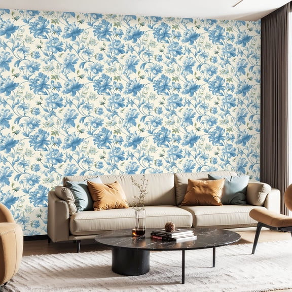 Peel and Stick Wallpaper Contact Paper Toile de jouy Floral Blue Chinoiseries Peonies Flowers Print Design Self Adhesive and Removable 24in x 118in