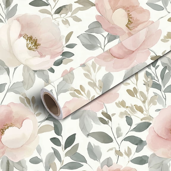 Peel and Stick Wallpaper Contact Paper Watercolor Pink Peony Floral Soft Green Leaves Cream Self Adhesive and Removable 17.7in x 118in