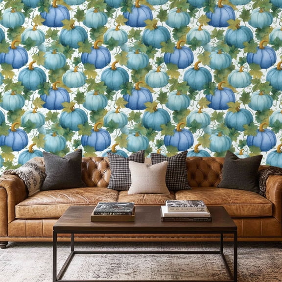 Peel and Stick Wallpaper Contact Paper watercolor blue pumpkins green leaves Cozy Ideal for creating Self Adhesive and Removable 17.7in x 118in