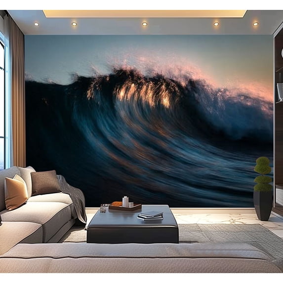 Peel and Stick Wallpaper Dark majestic wave cresting golden morning light Modern Art Wall Mural Decor Self Adhesive and Removable 100in x 144in
