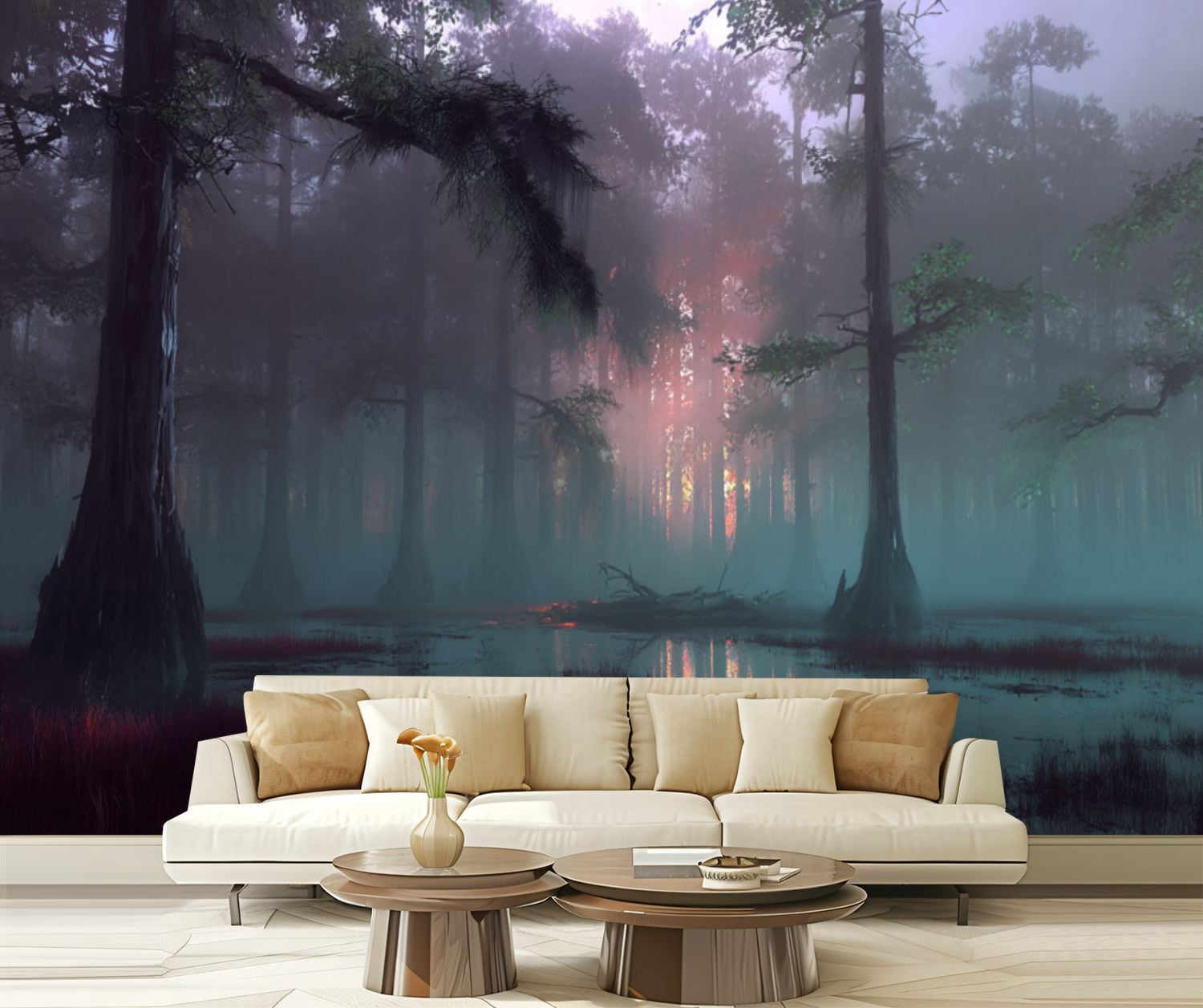 Peel and Stick Wallpaper Dark mystical forest swamp foggy dawn dusk Modern Art Wall Mural Decor Self Adhesive and Removable 69in x 98in
