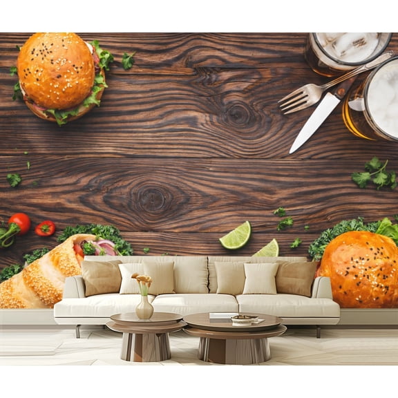 Peel and Stick Wallpaper Waterproof Delicious Burgers Wraps Fresh Ingredients Wooden Table Wall Mural Decor Self Adhesive and Removable 69in x 98in