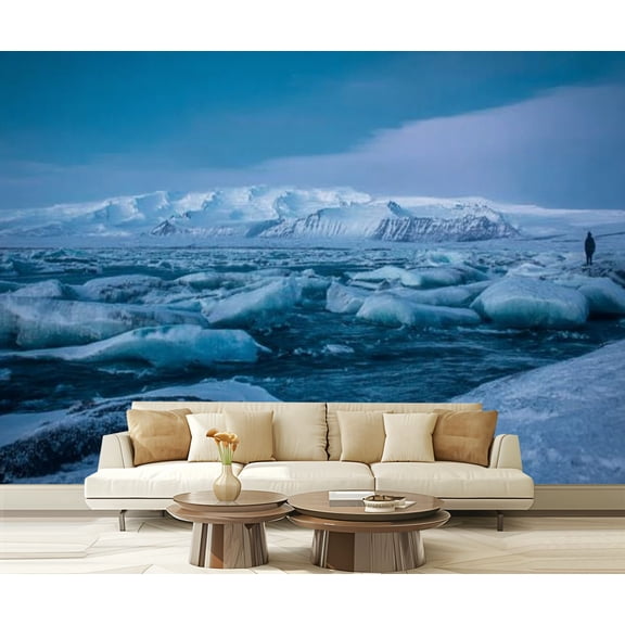 Peel and Stick Wallpaper Detail Jokulsarlon ice lake night winter Iceland Modern Art Wall Mural Decor Self Adhesive and Removable 69in x 98in