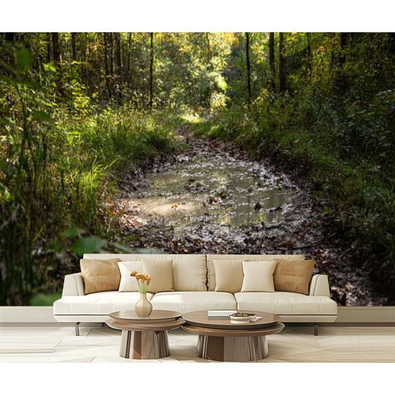 Peel and Stick Wallpaper Dirt road forest large mud puddles Modern Art Wall Mural Decor Self Adhesive and Removable 69in x 98in
