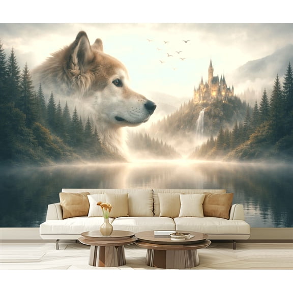 Peel and Stick Wallpaper Dog Portrait Emerging from Misty Forest Modern Art Wall Mural Decor Self Adhesive and Removable 69in x 98in