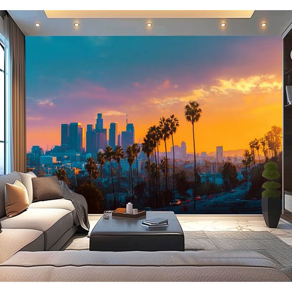 Peel and Stick Wallpaper Downtown Los Angeles skyline sunset Modern Art Wall Mural Decor Self Adhesive and Removable 100in x 144in