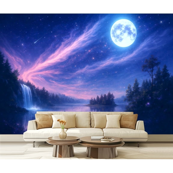 Peel and Stick Wallpaper Dreamy Night Sky Moon Floating Stars Modern Art Wall Mural Decor Self Adhesive and Removable 69in x 98in