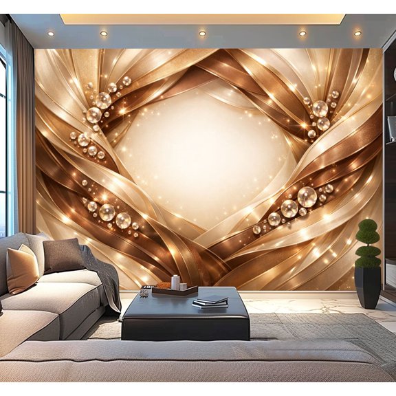 Peel and Stick Wallpaper Elegant Golden Beige Ribbon Swirl Sparkling Gems Modern Art Wall Mural Decor Self Adhesive and Removable 100in x 144in