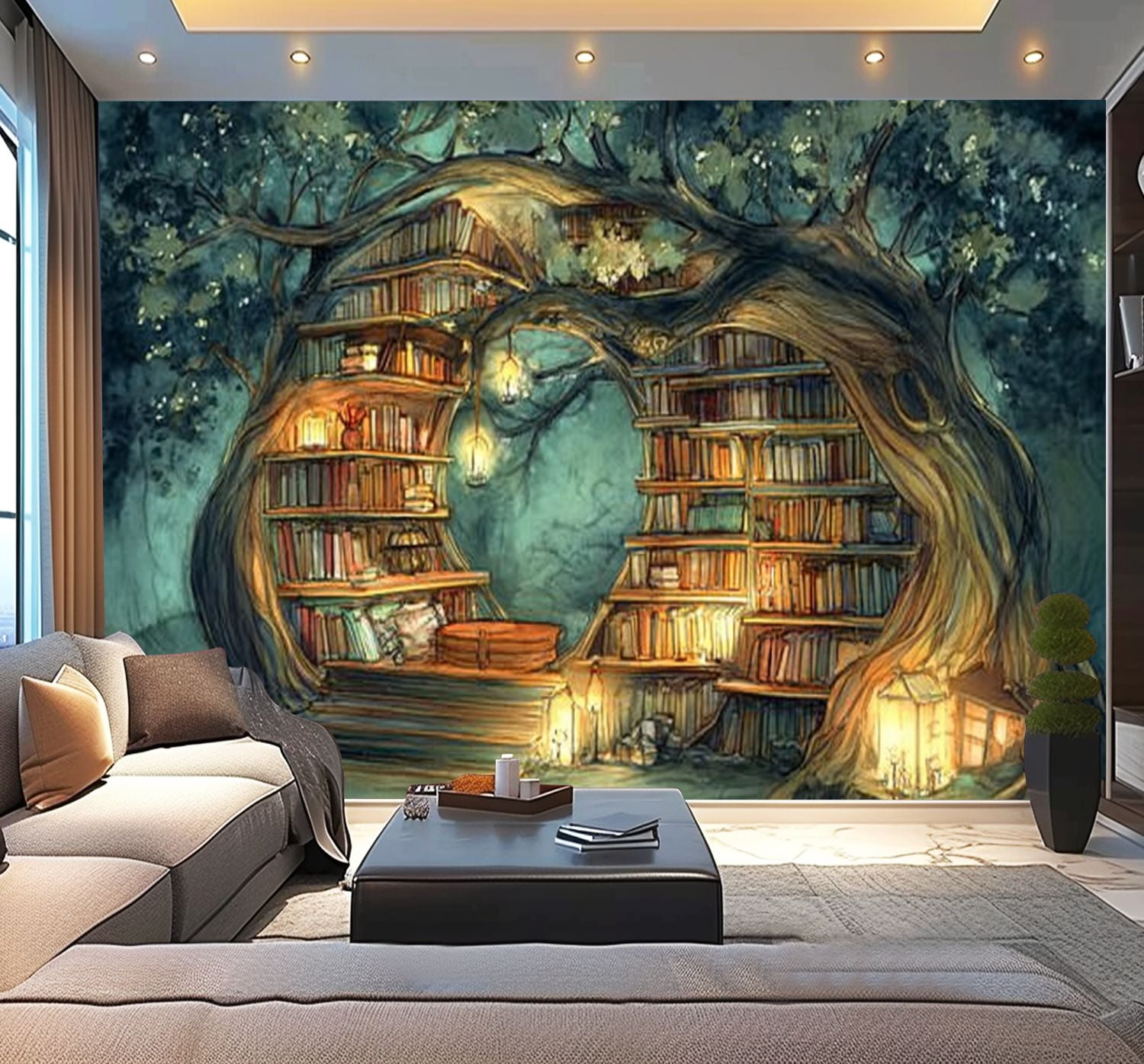 Peel and Stick Wallpaper Fantasy Tree Library Nook Warm Watercolor Modern Art Wall Mural Decor Self Adhesive and Removable 100in x 144in