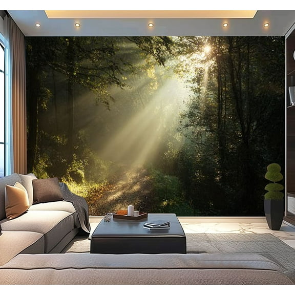 Peel and Stick Wallpaper First autumn morning misty forest Sun breaking Modern Art Wall Mural Decor Self Adhesive and Removable 100in x 144in