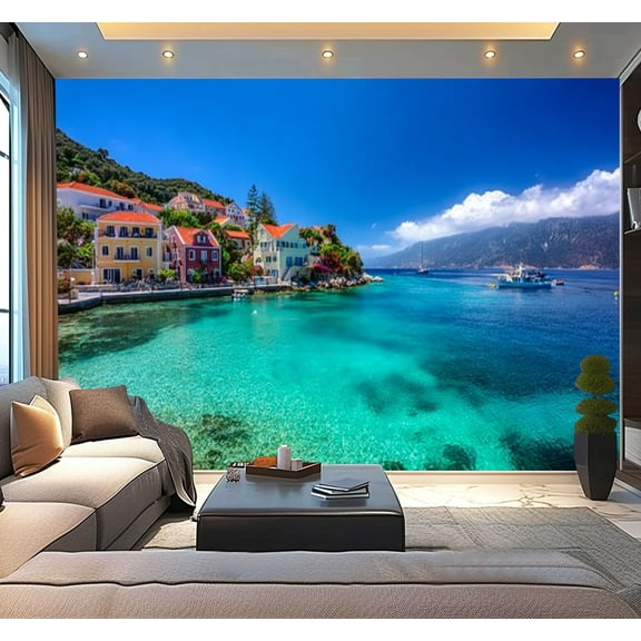 Peel and Stick Wallpaper Fiskardo beach Modern Art Wall Mural Decor Self Adhesive and Removable 100in x 144in