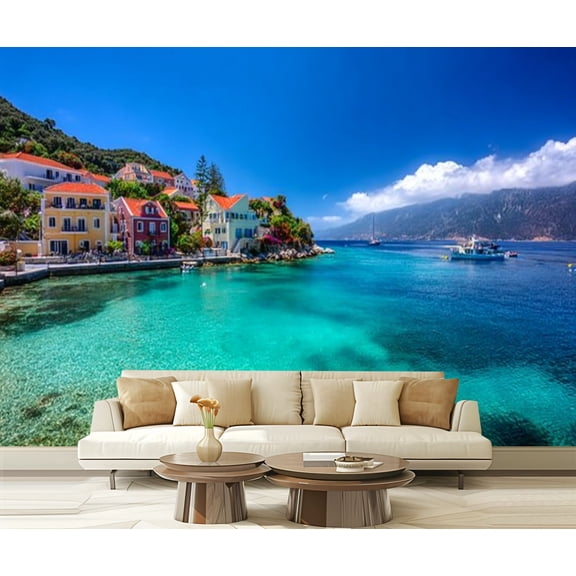 Peel and Stick Wallpaper Fiskardo beach Modern Art Wall Mural Decor Self Adhesive and Removable 69in x 98in
