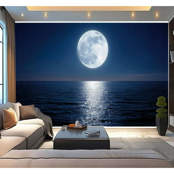 Peel and Stick Wallpaper Full Moon Ocean Starry Night Sky Reflection Water Modern Art Wall Mural Decor Self Adhesive and Removable 100in x 144in