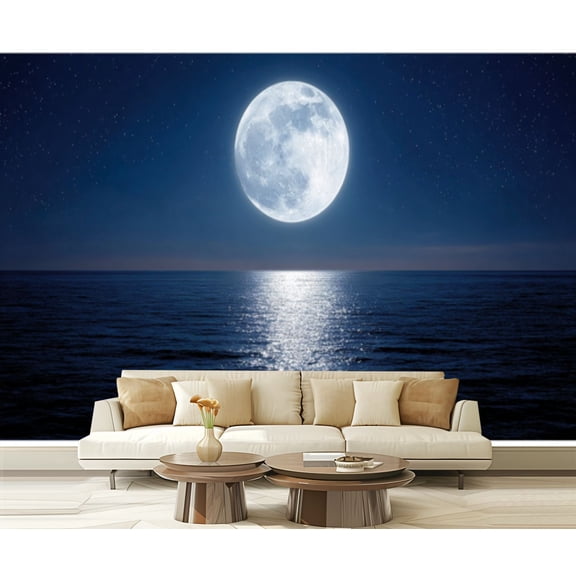 Peel and Stick Wallpaper Full Moon Ocean Starry Night Sky Reflection Water Modern Art Wall Mural Decor Self Adhesive and Removable 69in x 98in