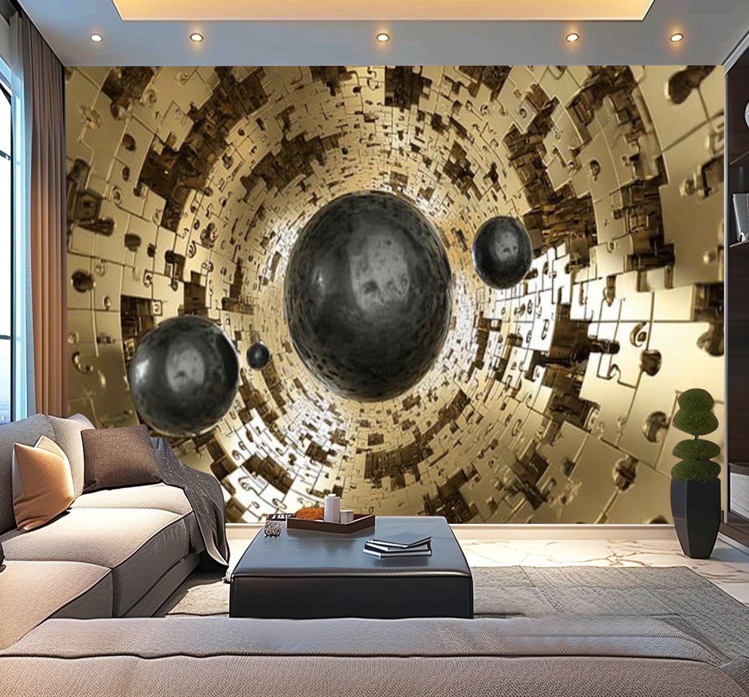 Peel and Stick Wallpaper Golden Tunnel balls coming out Modern Art Wall Mural Decor Self Adhesive and Removable 100in x 144in