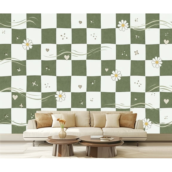 Peel and Stick Wallpaper Green White Checkerboard Modern Art Wall Mural Decor Self Adhesive and Removable 69in x 98in