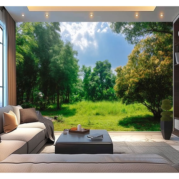 Peel and Stick Wallpaper Green meadows forests large trees bright skies clouds Modern Art Wall Mural Decor Self Adhesive and Removable 100in x 144in