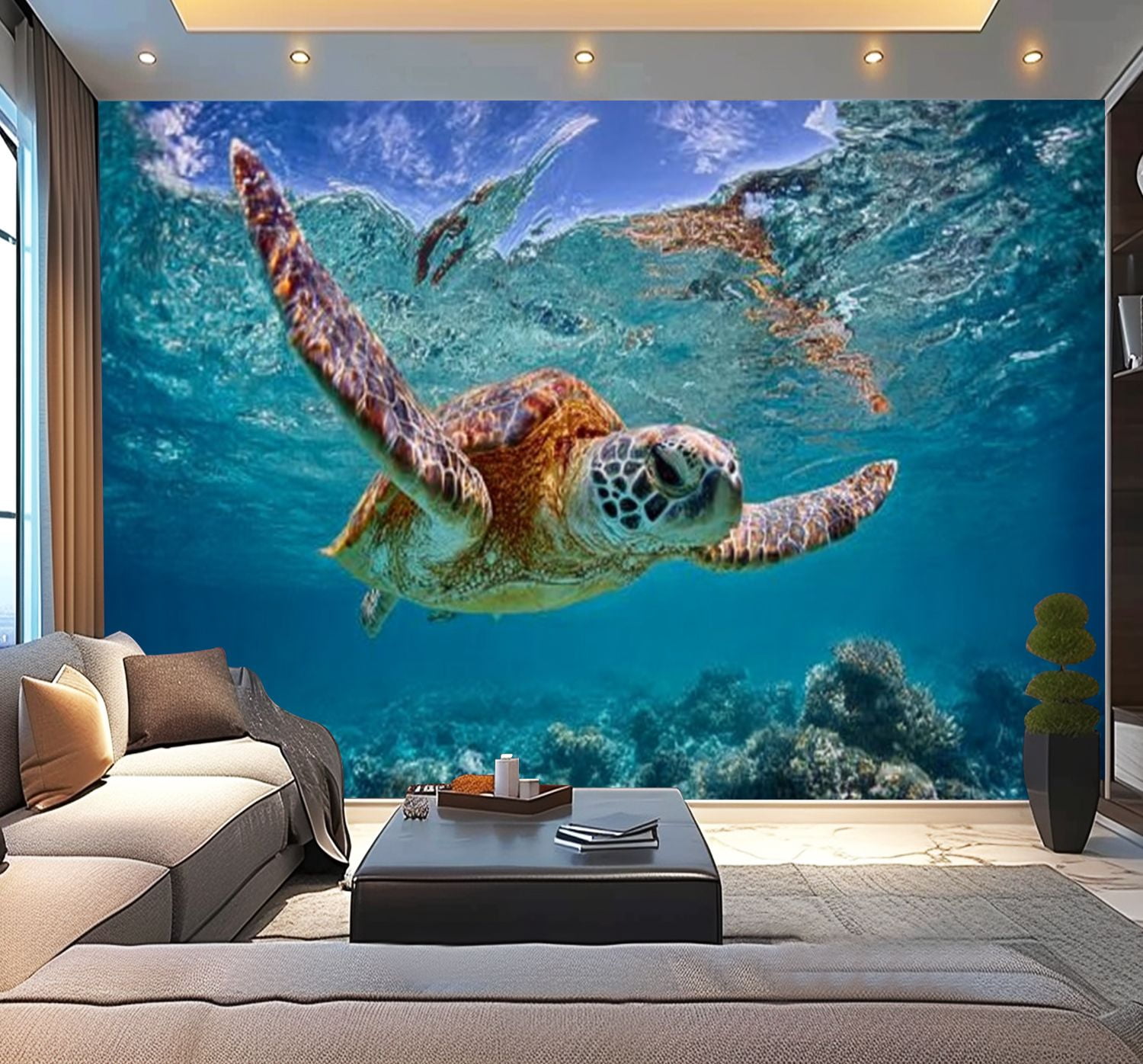 Peel and Stick Wallpaper Green sea turtle swimming below ocean s surface Modern Art Wall Mural Decor Self Adhesive and Removable 100in x 144in