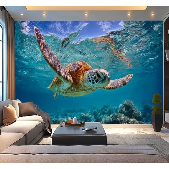 Peel and Stick Wallpaper Green sea turtle swimming below ocean s surface Modern Art Wall Mural Decor Self Adhesive and Removable 100in x 144in