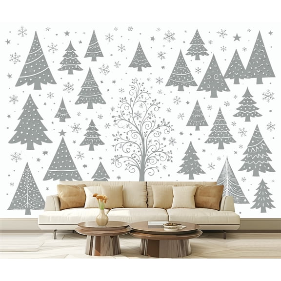 Peel and Stick Wallpaper Grey Christmas Tree Snowflakes Stars Modern Art Wall Mural Decor Self Adhesive and Removable 69in x 98in