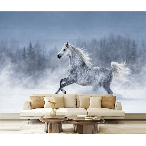 Peel and Stick Wallpaper Grey arabian horse galloping snowstorm Modern Art Wall Mural Decor Self Adhesive and Removable 100in x 144in