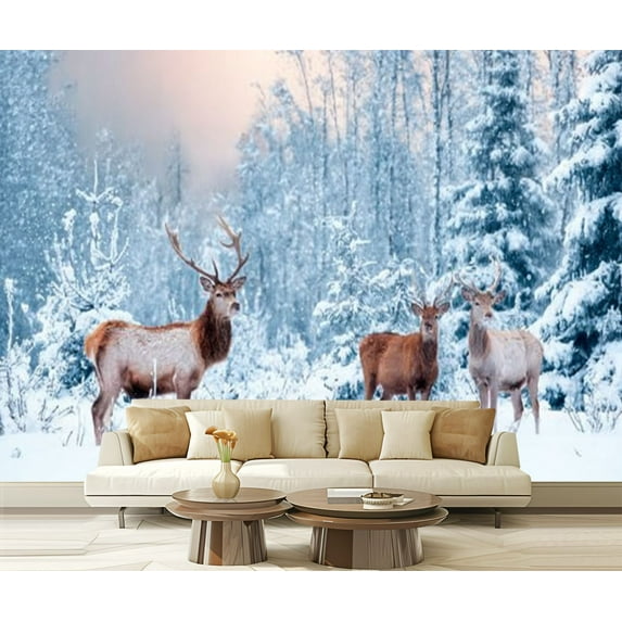 Peel and Stick Wallpaper Group noble deer snowy winter forest sunset Christmas Modern Art Wall Mural Decor Self Adhesive and Removable 69in x 98in