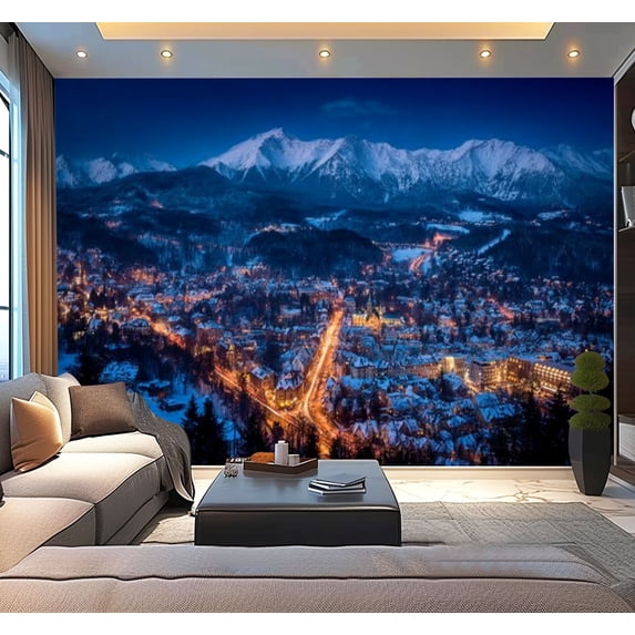 Peel and Stick Wallpaper Holidays Poland winter Zakopane by night Modern Art Wall Mural Decor Self Adhesive and Removable 100in x 144in