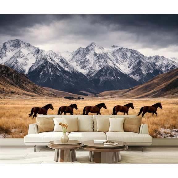 Peel and Stick Wallpaper Horses galloping across cold grassland Modern Art Wall Mural Decor Self Adhesive and Removable 69in x 98in