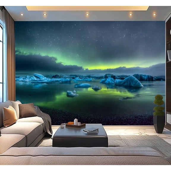 Peel and Stick Wallpaper Iceland Northern Lights Modern Art Wall Mural Decor Self Adhesive and Removable 100in x 144in