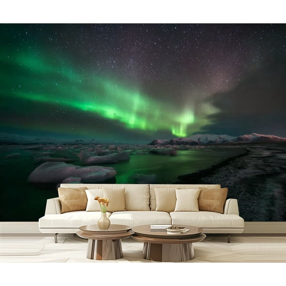 Peel and Stick Wallpaper Incredible Borealis activity above coast Iceland Modern Art Wall Mural Decor Self Adhesive and Removable 69in x 98in