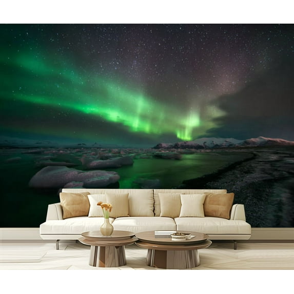 Peel and Stick Wallpaper Incredible Borealis activity above coast Iceland Modern Art Wall Mural Decor Self Adhesive and Removable 69in x 98in